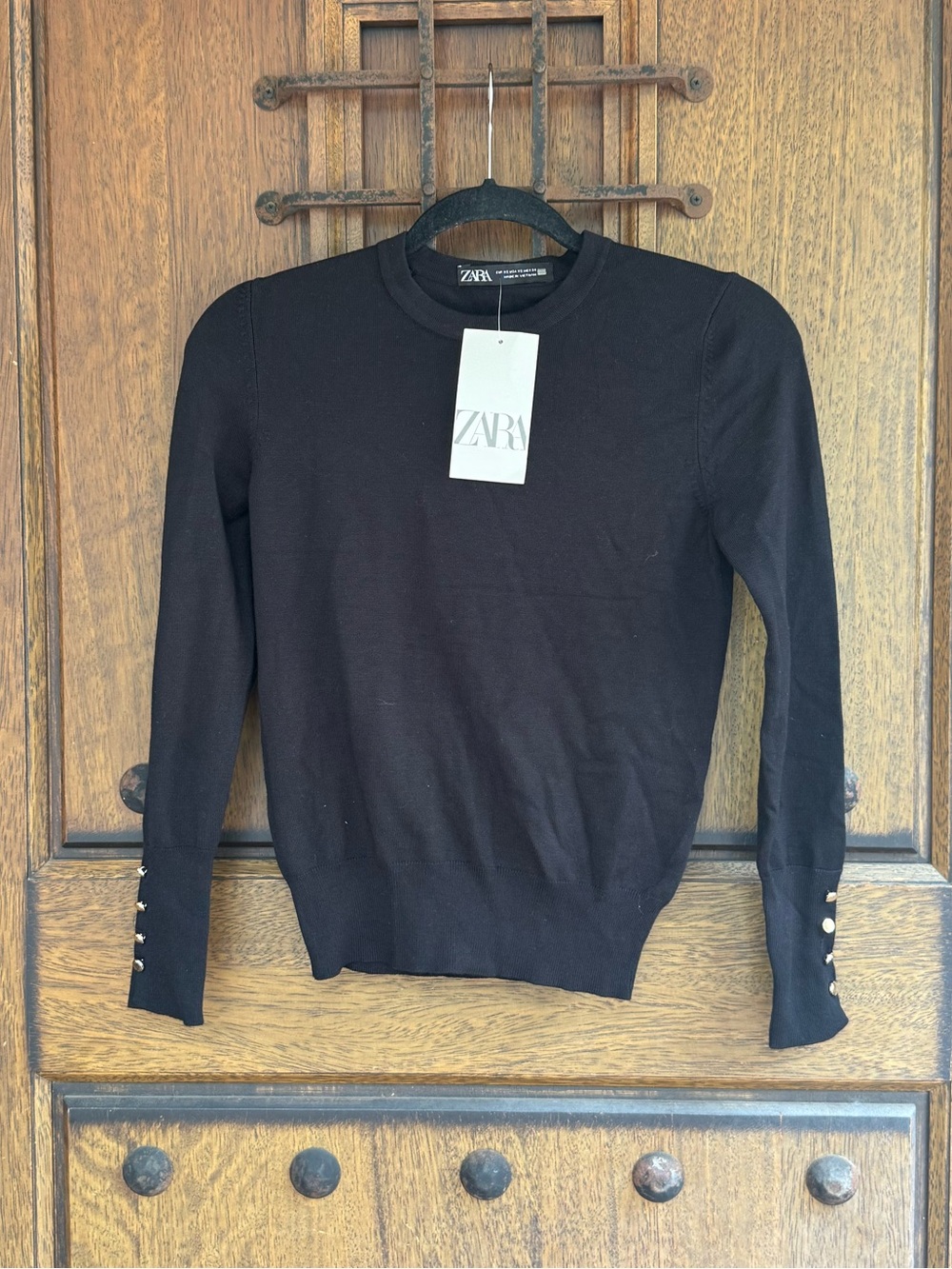 ZARA Black Crewneck Sweater with Gold Button Cuffs Size XS, S